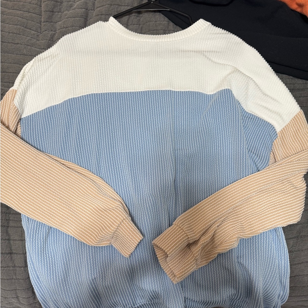 Colorblock Sweater with Blue and Tan Sleeves
